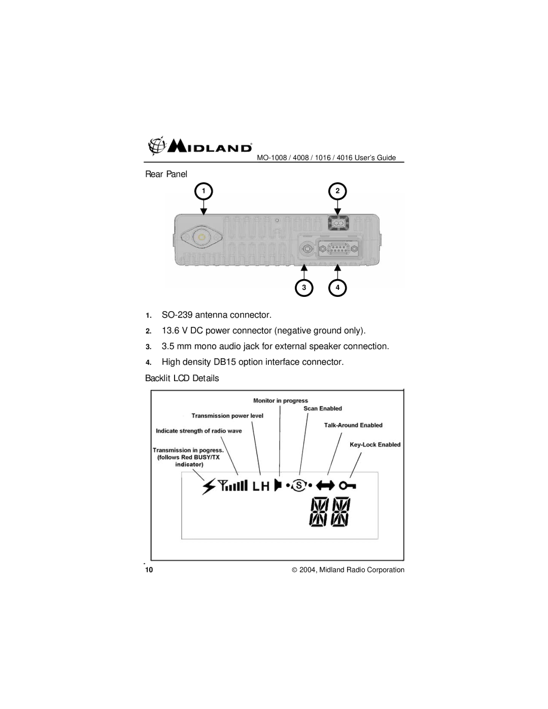 Midland Radio MO-4008, MO-1008, MO-1016, MO-4016 manual Rear Panel, Backlit LCD Details 