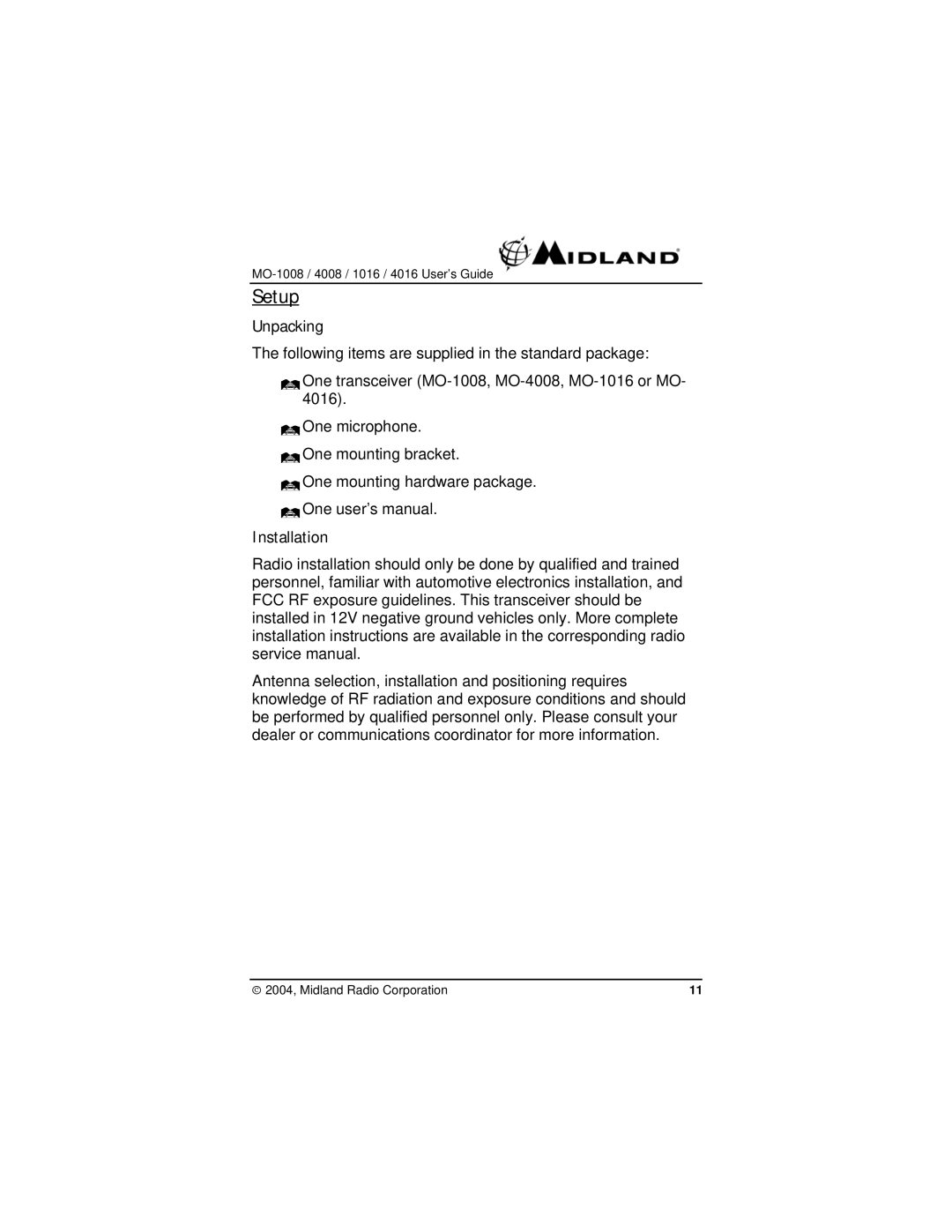 Midland Radio MO-4016, MO-1008, MO-1016, MO-4008 manual Setup, Unpacking, Installation 