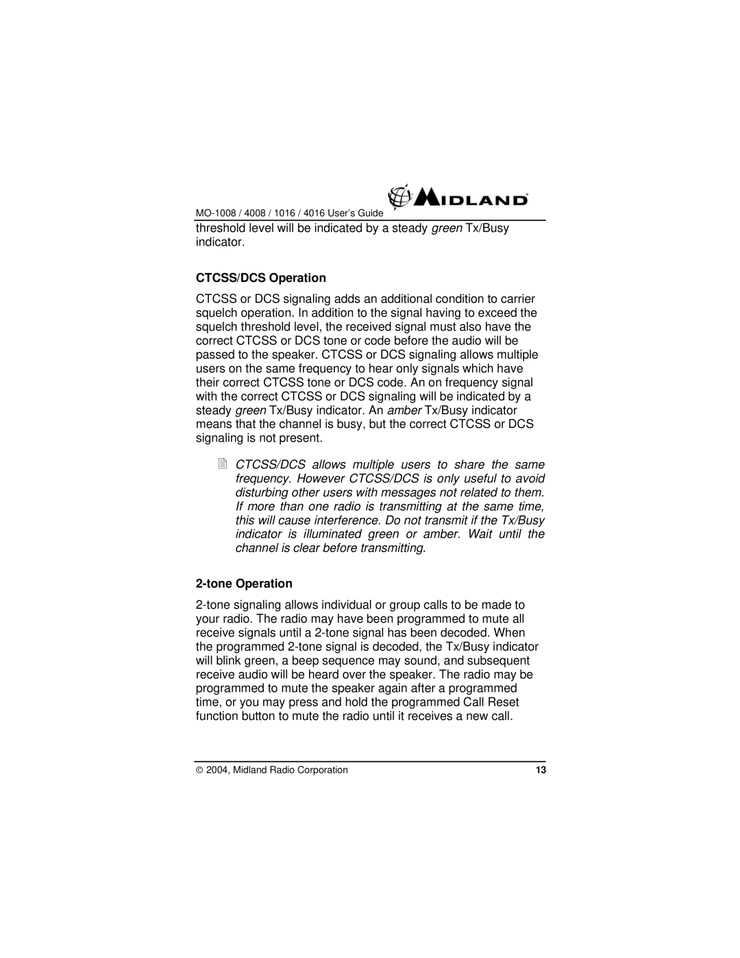 Midland Radio MO-1016, MO-1008, MO-4008, MO-4016 manual CTCSS/DCS Operation, Tone Operation 