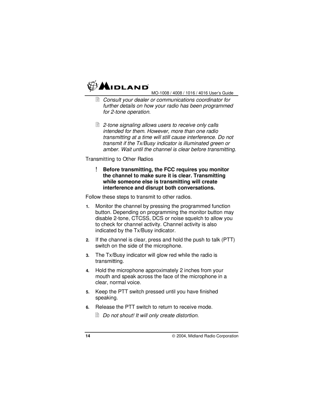 Midland Radio MO-4008, MO-1008, MO-1016, MO-4016 manual Transmitting to Other Radios 