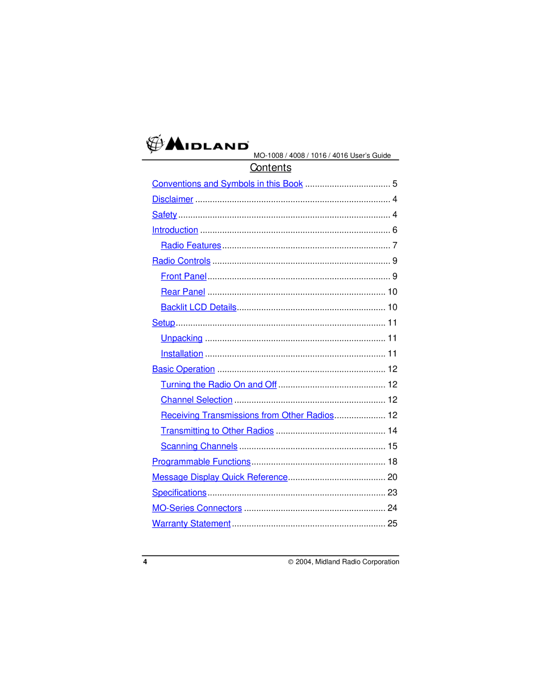 Midland Radio MO-1008, MO-1016, MO-4008, MO-4016 manual Contents 