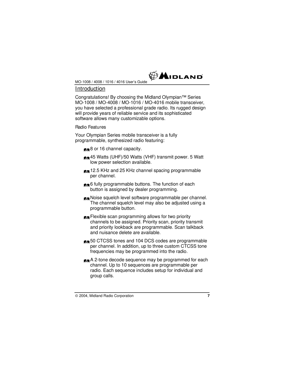 Midland Radio MO-4016, MO-1008, MO-1016, MO-4008 manual Introduction, Radio Features 