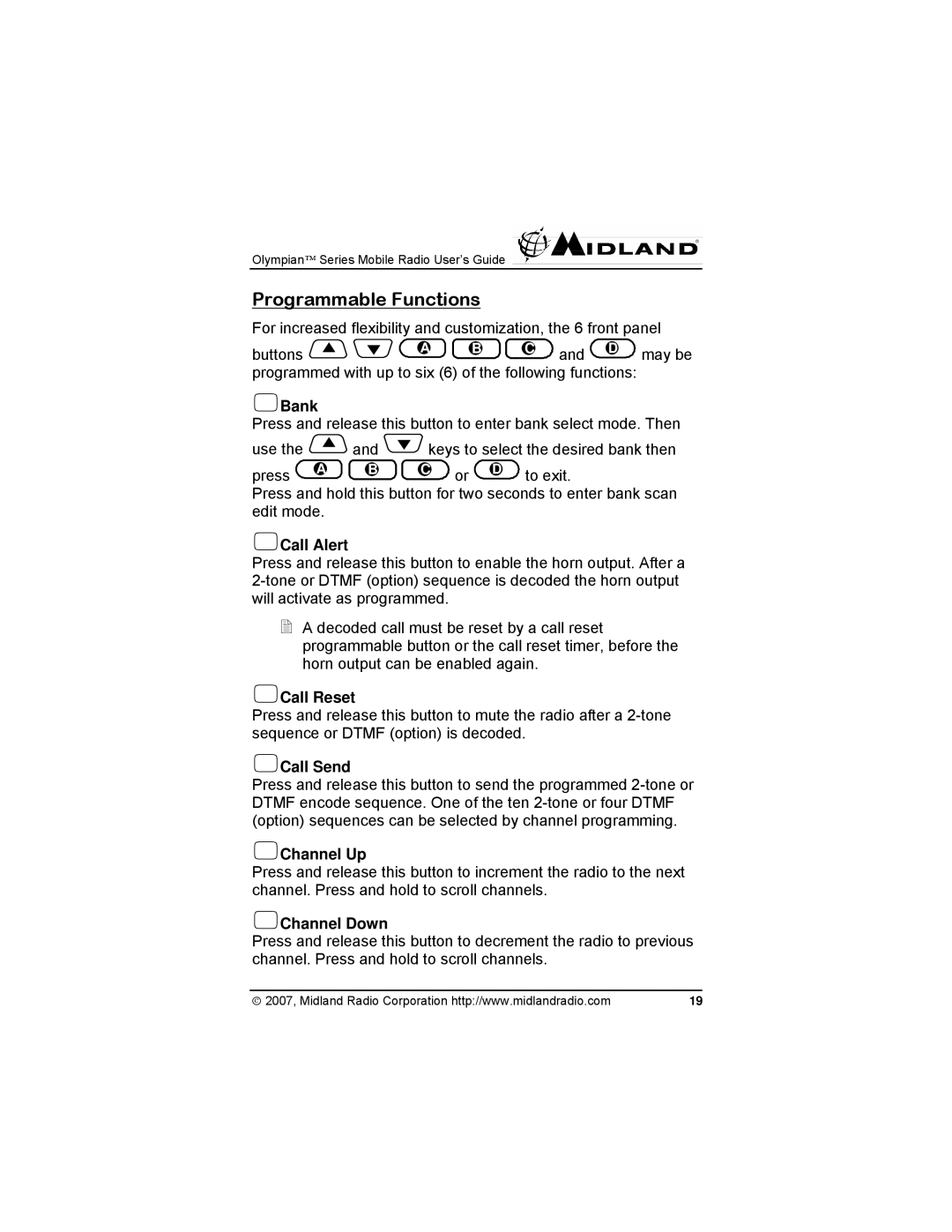 Midland Radio MO-4128, MO-7128, MO-7008 manual Programmable Functions 