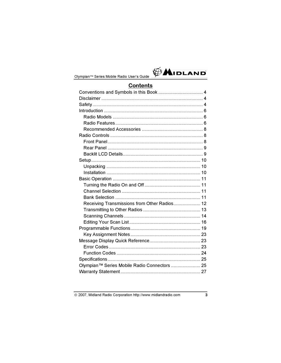 Midland Radio MO-7128, MO-4128, MO-7008 manual Contents 