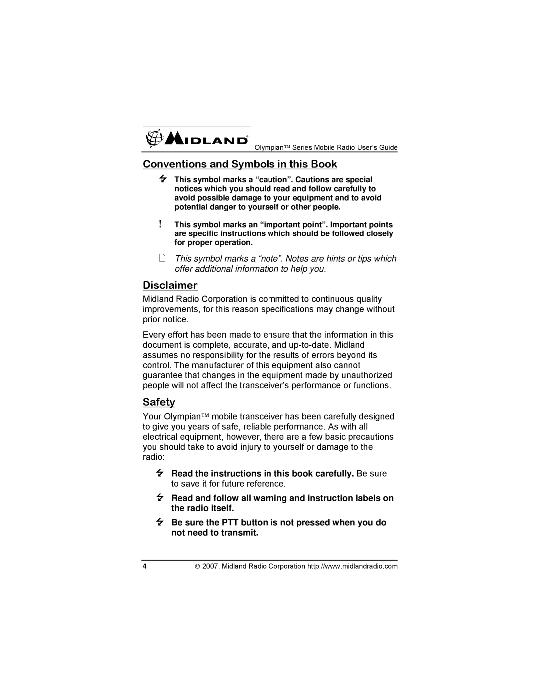 Midland Radio MO-4128, MO-7128, MO-7008 manual Conventions and Symbols in this Book, Disclaimer, Safety 