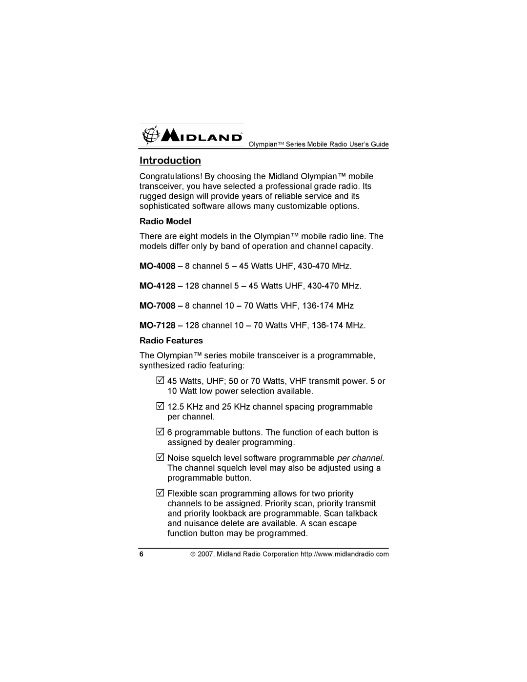 Midland Radio MO-7128, MO-4128, MO-7008 manual Introduction, Radio Model, Radio Features 