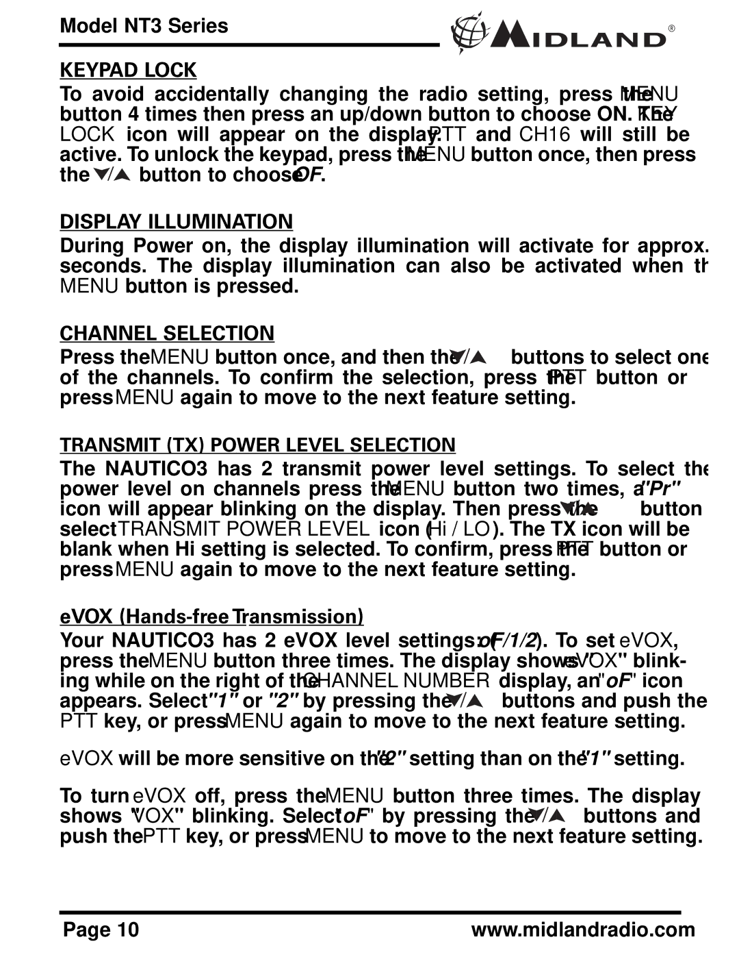 Midland Radio NAUTICO 3 owner manual Keypad Lock, Display Illumination, Channel Selection, EVOX Hands-free Transmission 