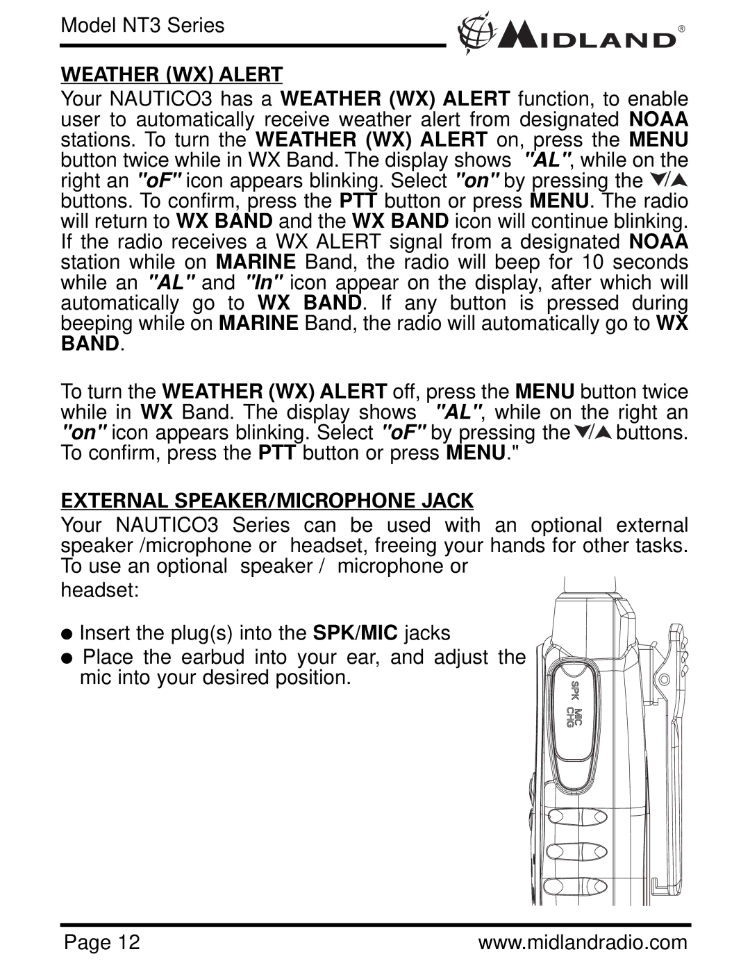 Midland Radio NAUTICO 3 owner manual Weather WX Alert, External SPEAKER/MICROPHONE Jack 