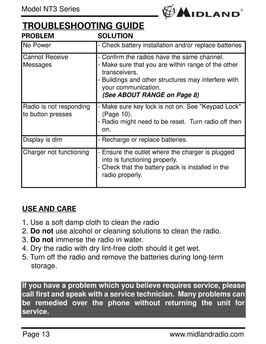 Midland Radio NAUTICO 3 owner manual Troubleshooting Guide, USE and Care 