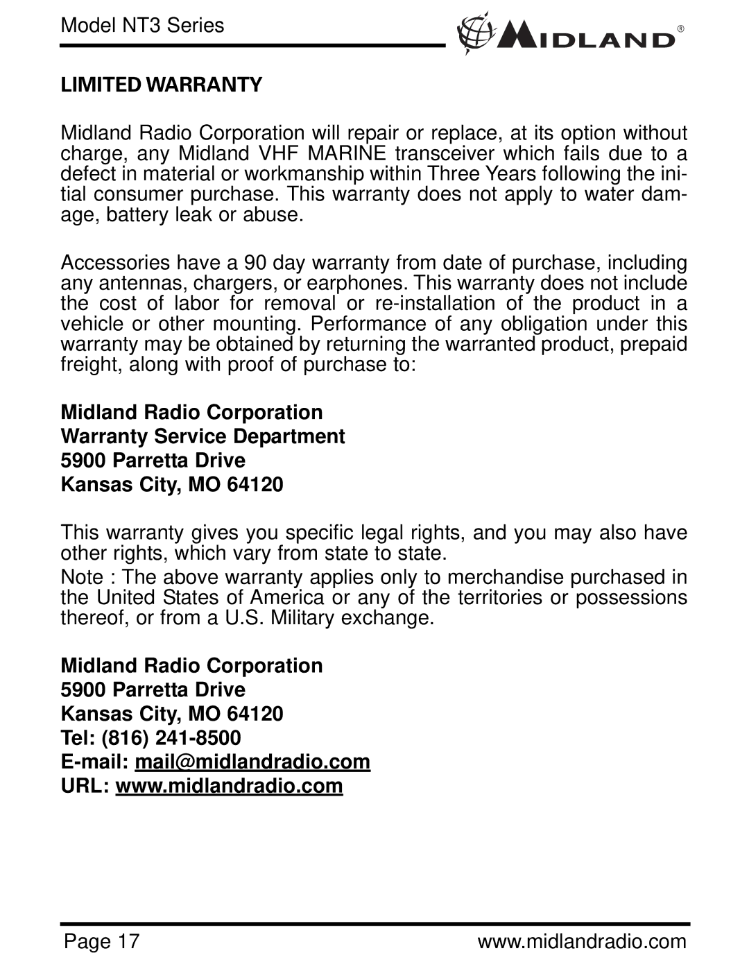 Midland Radio NAUTICO 3 owner manual Limited Warranty 