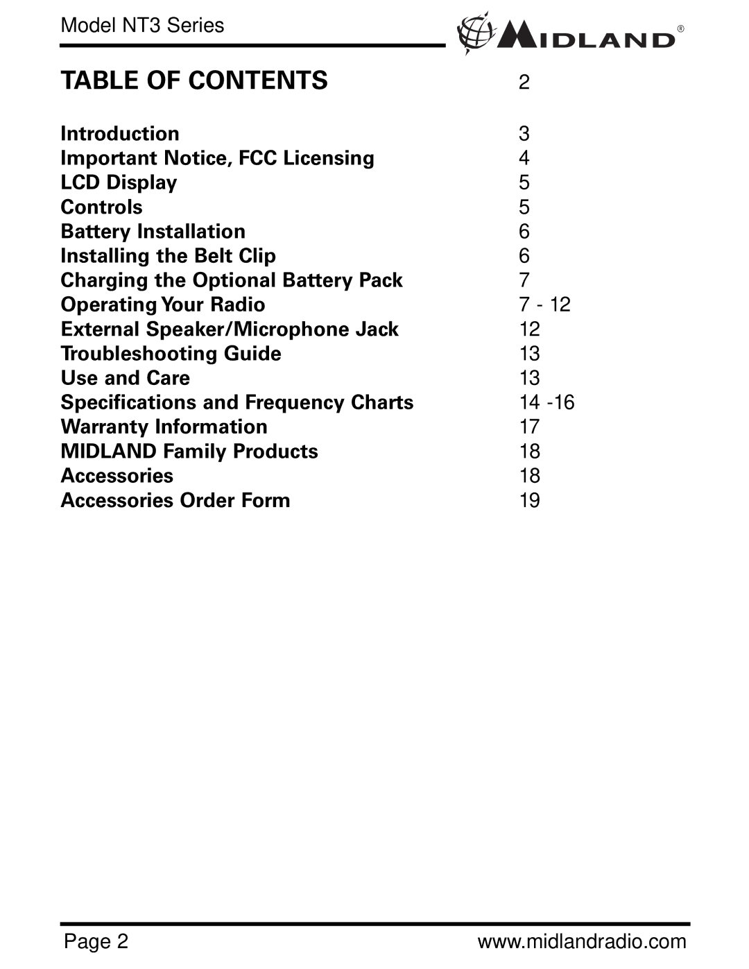 Midland Radio NAUTICO 3 owner manual Table of Contents 