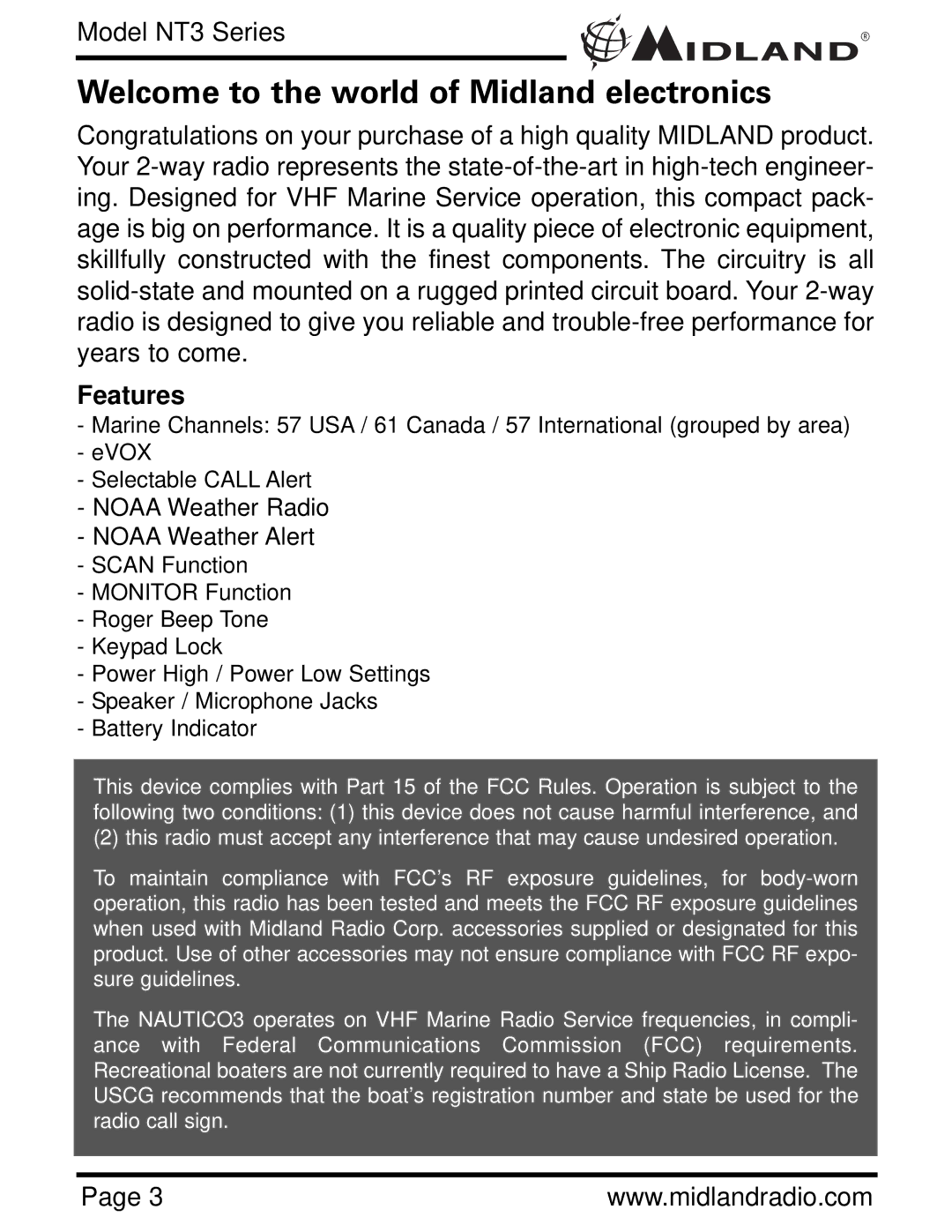 Midland Radio NAUTICO 3 owner manual Welcome to the world of Midland electronics, Features 