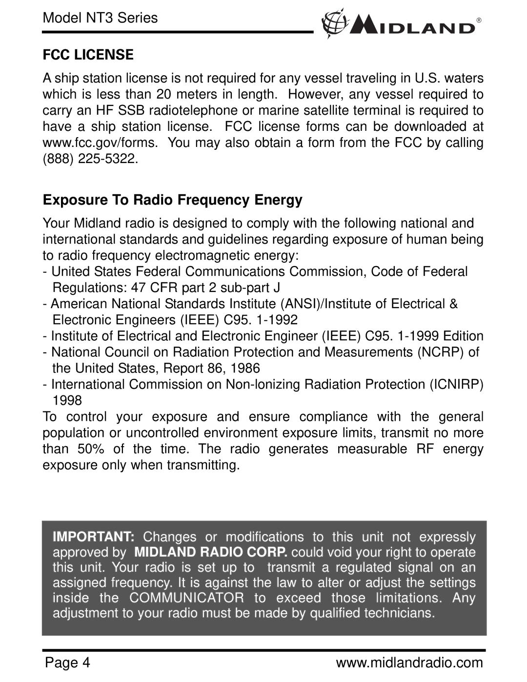 Midland Radio NAUTICO 3 owner manual FCC License, Exposure To Radio Frequency Energy 