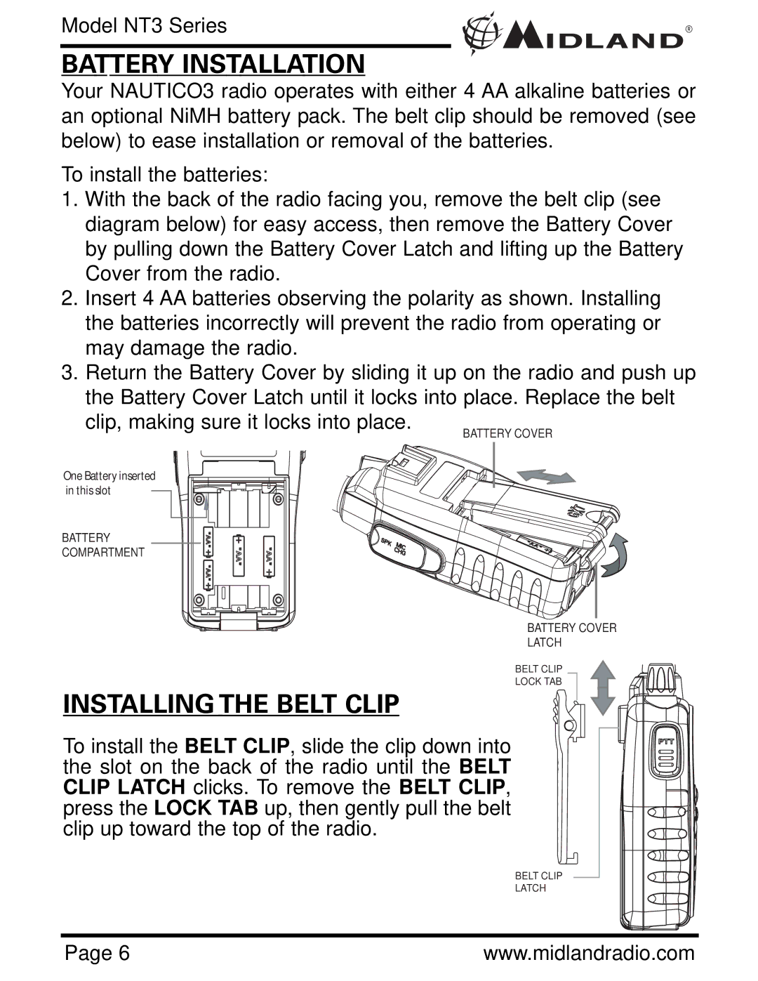 Midland Radio NAUTICO 3 owner manual Battery Installation, Installing the Belt Clip 