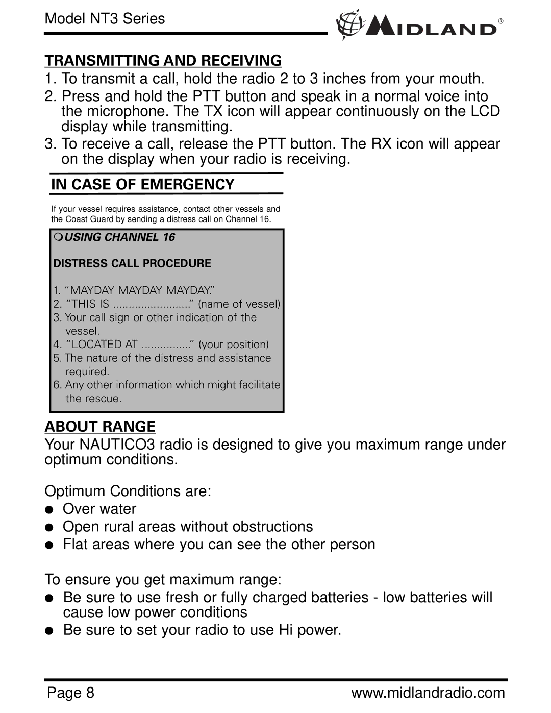 Midland Radio NAUTICO 3 owner manual Transmitting and Receiving, Case of Emergency, About Range 