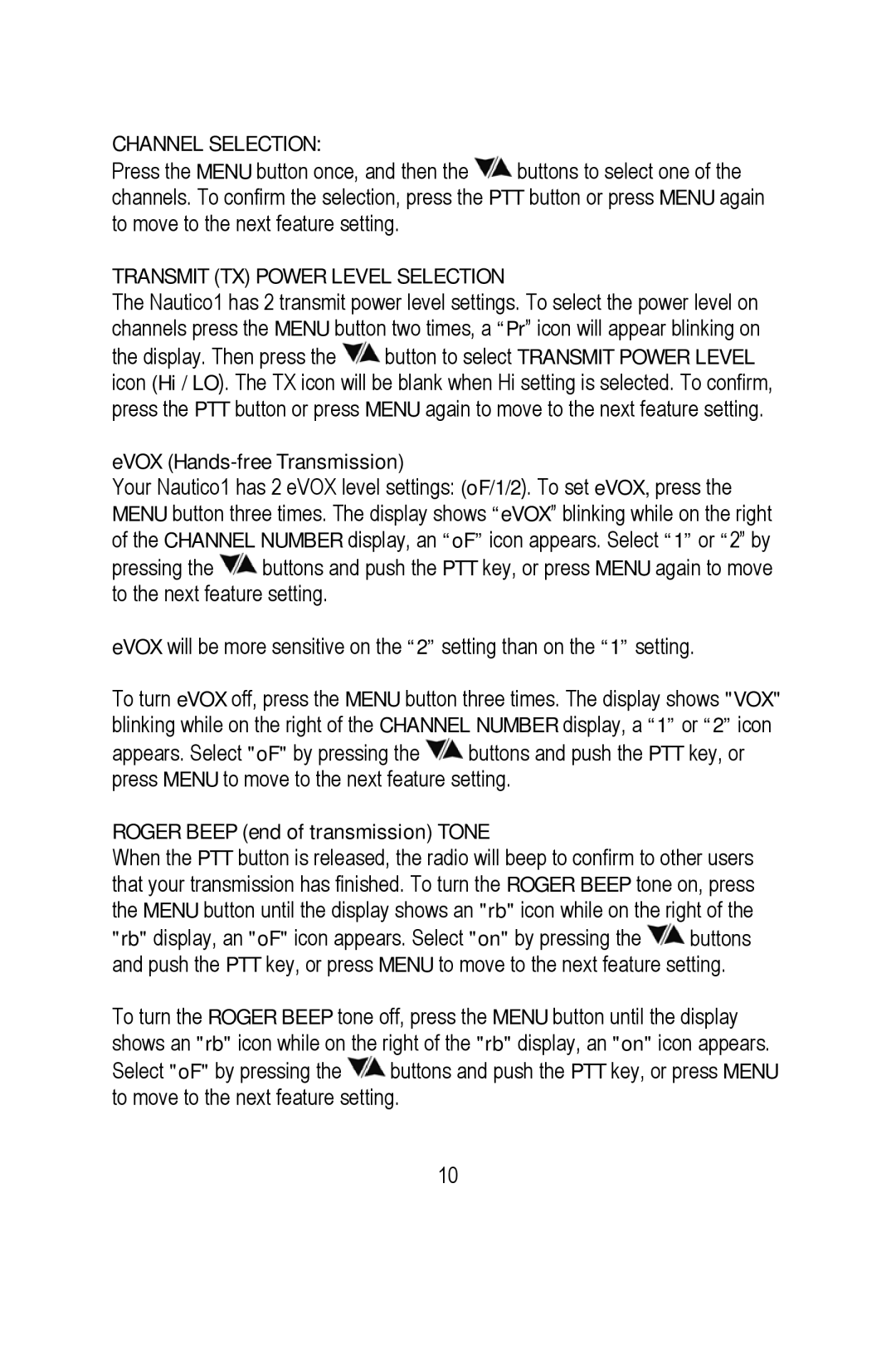 Midland Radio NT1 manual Channel Selection, Transmit TX Power Level Selection, EVOX Hands-free Transmission 