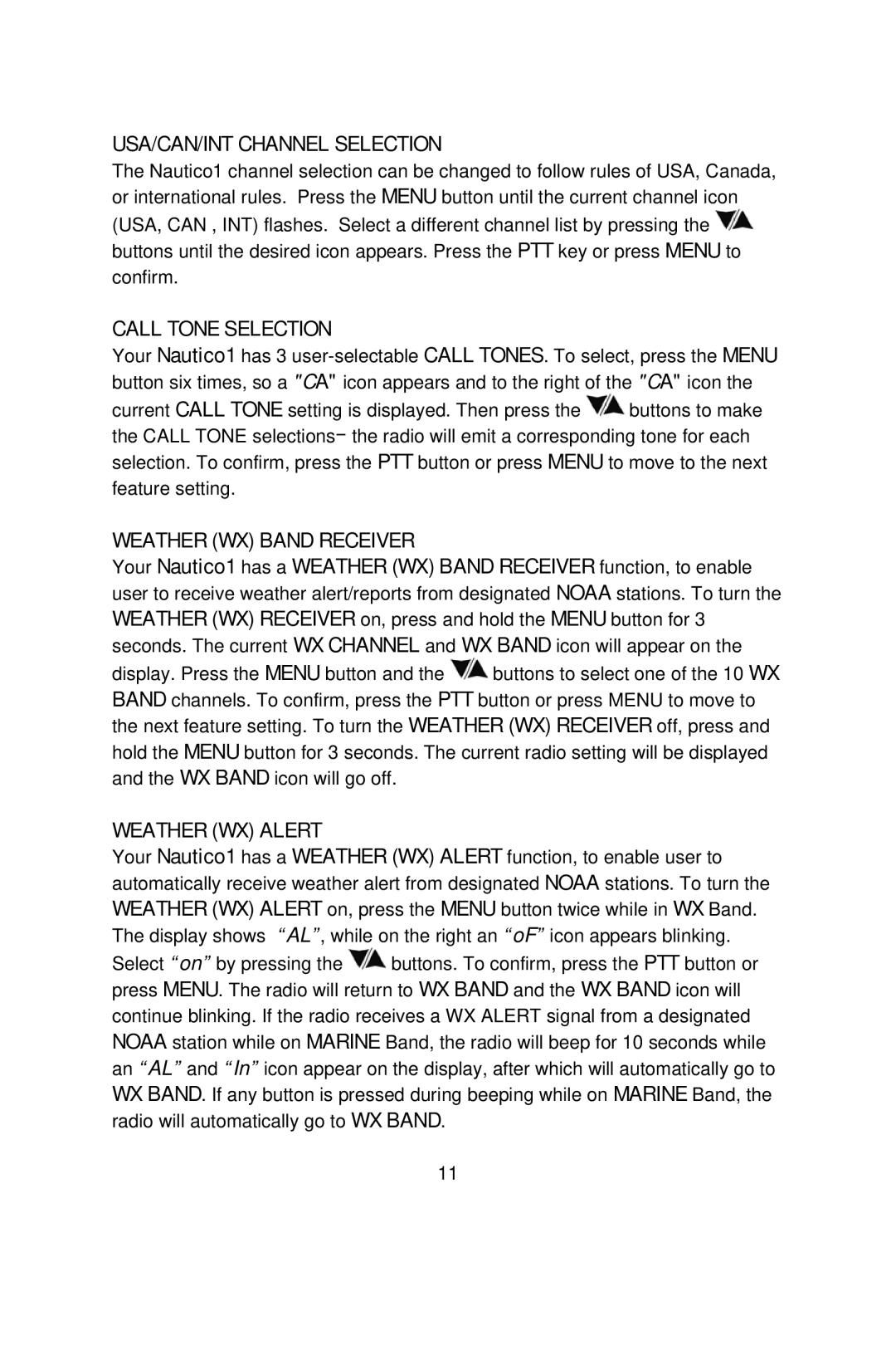 Midland Radio NT1 manual USA/CAN/INT Channel Selection, Call Tone Selection, Weather WX Band Receiver, Weather WX Alert 