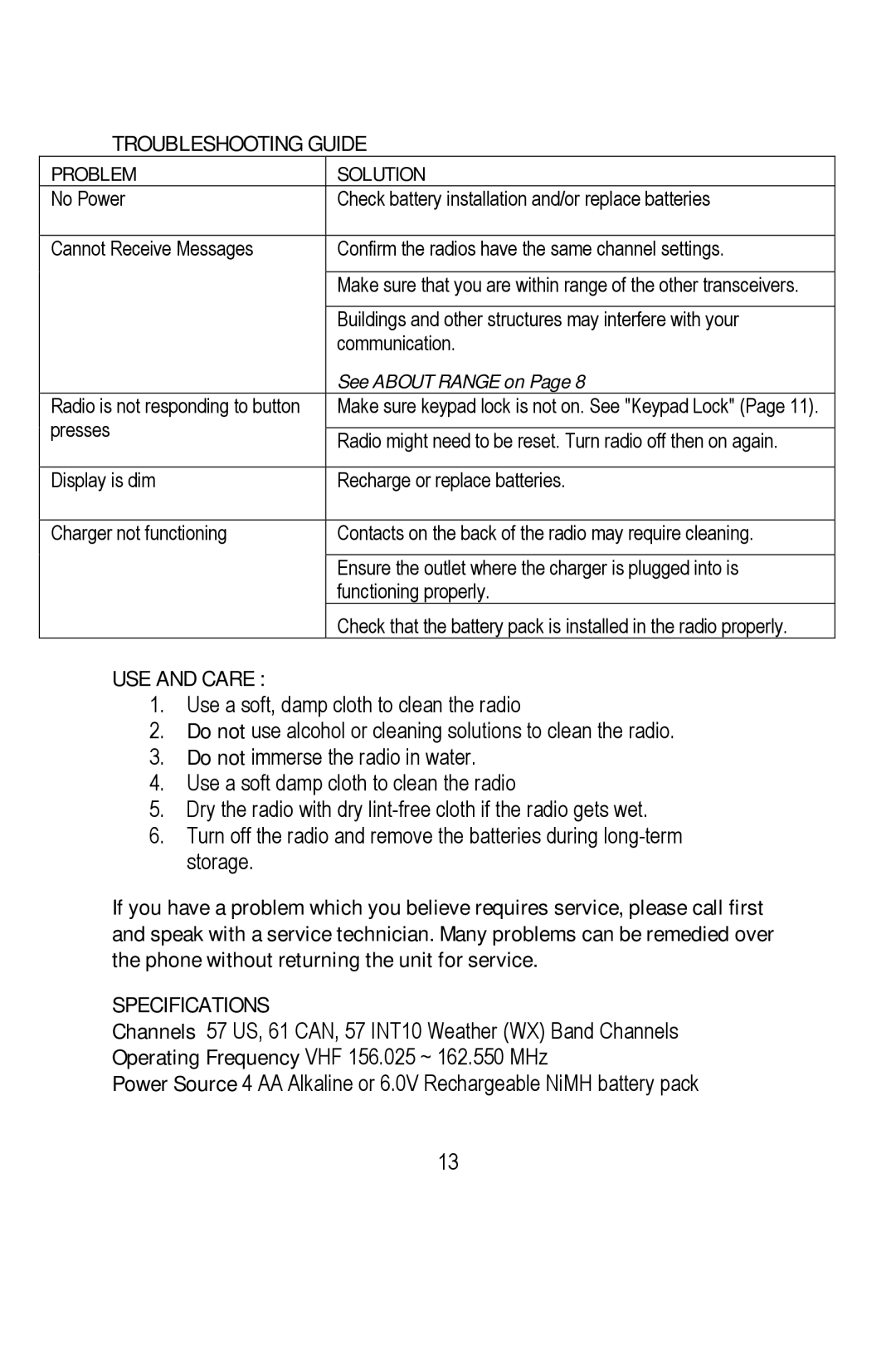 Midland Radio NT1 manual Troubleshooting Guide, USE and Care, Specifications 