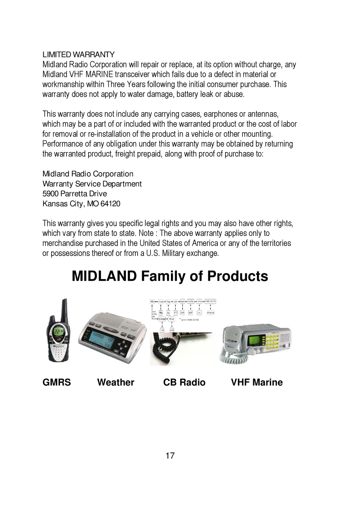 Midland Radio NT1 manual Midland Family of Products, Limited Warranty 