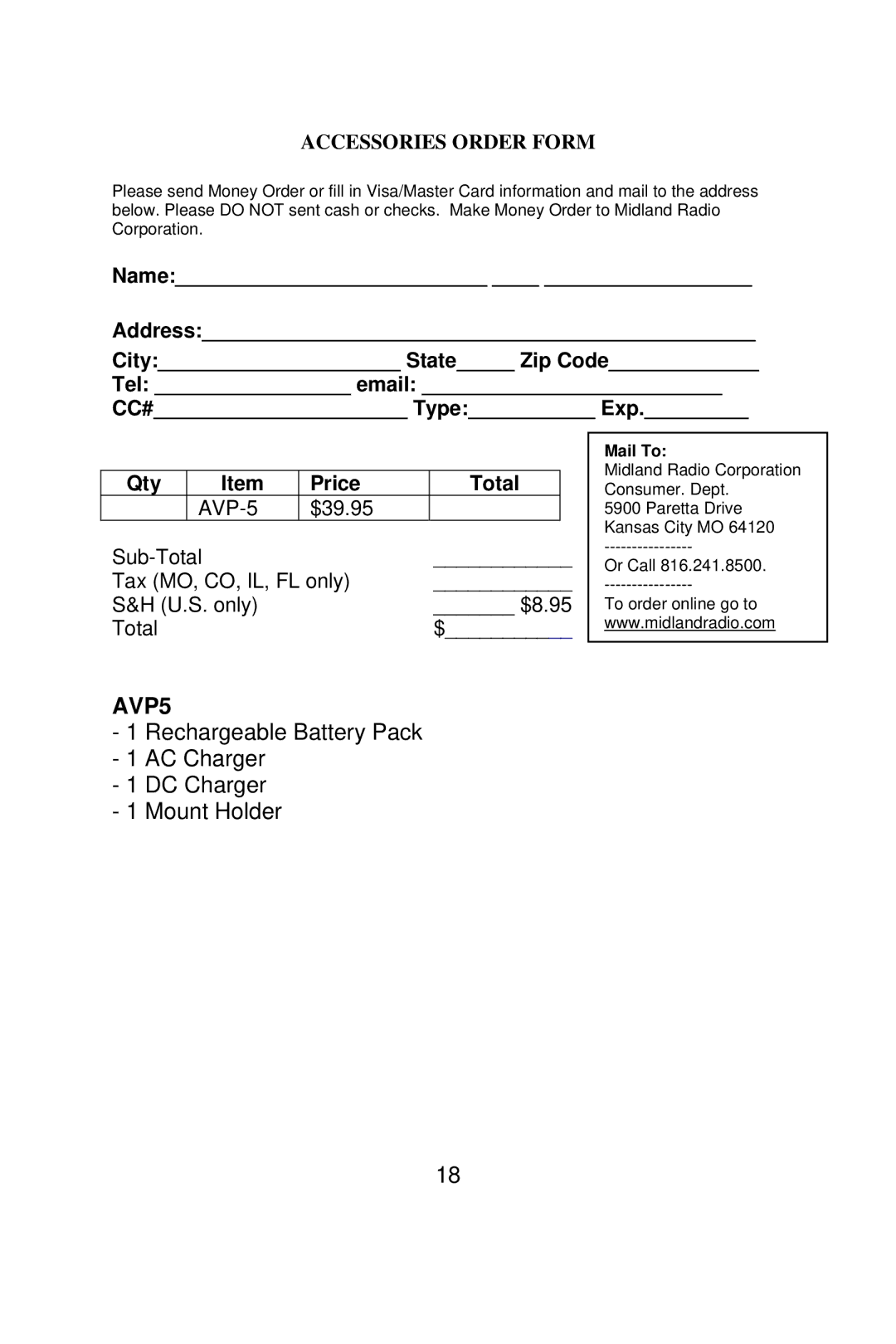 Midland Radio NT1 manual AVP5, Accessories Order Form 