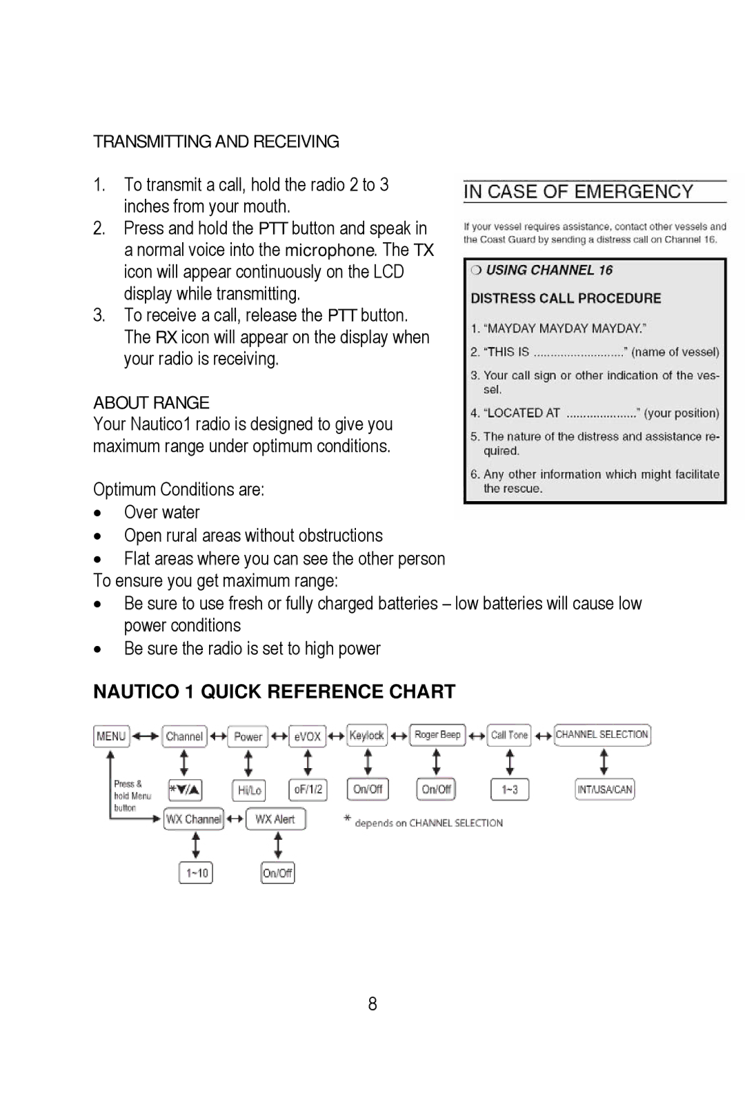 Midland Radio NT1 manual Transmitting and Receiving, About Range, Nautico 1 Quick Reference Chart 