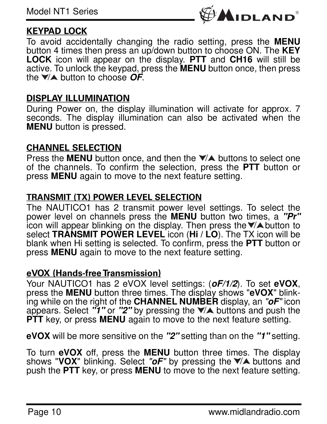 Midland Radio NT1VP, NT1 SERIES Keypad Lock, Display Illumination, Channel Selection, EVOX Hands-free Transmission 
