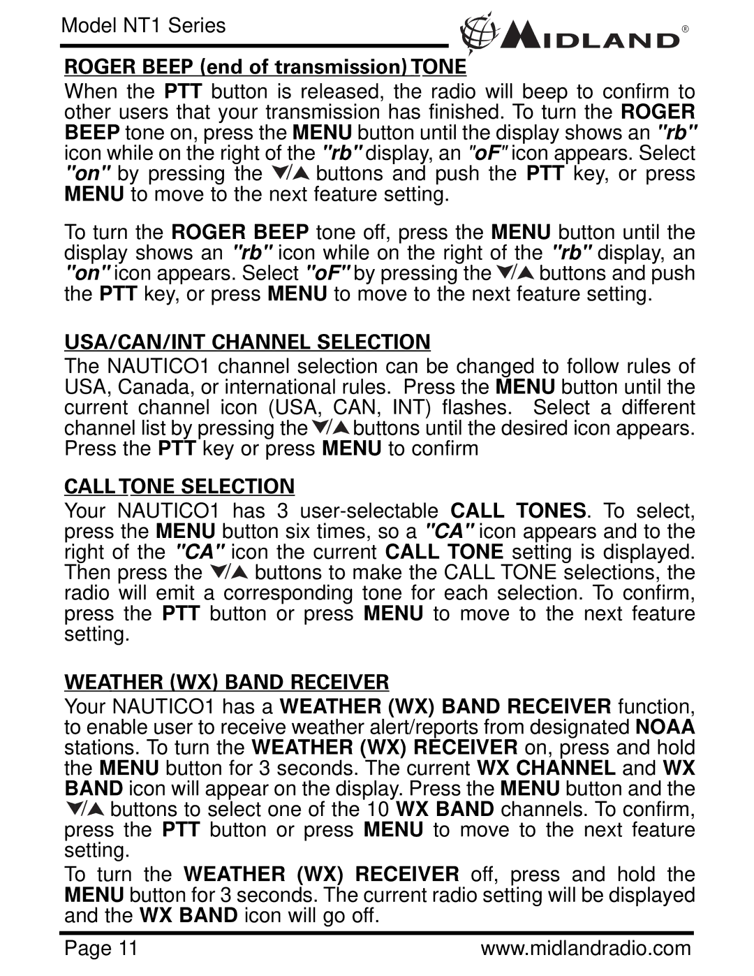 Midland Radio NT1 SERIES, NT1VP Roger Beep end of transmission Tone, USA/CAN/INT Channel Selection, Call Tone Selection 