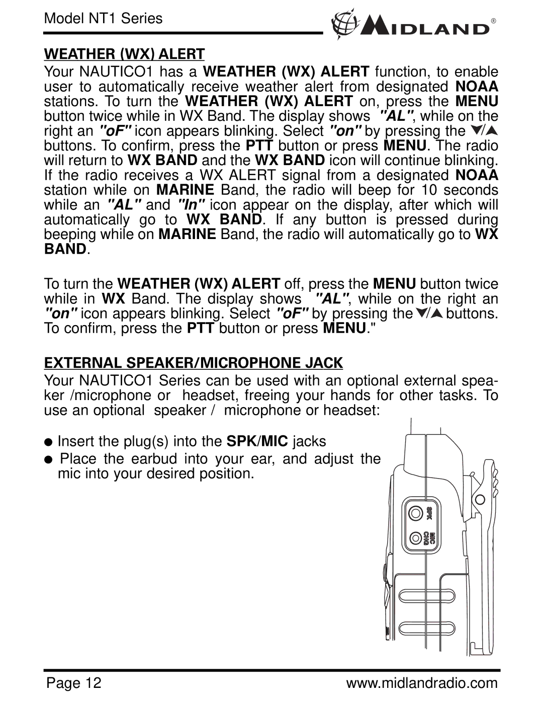 Midland Radio NT1VP, NT1 SERIES owner manual Weather WX Alert, External SPEAKER/MICROPHONE Jack 