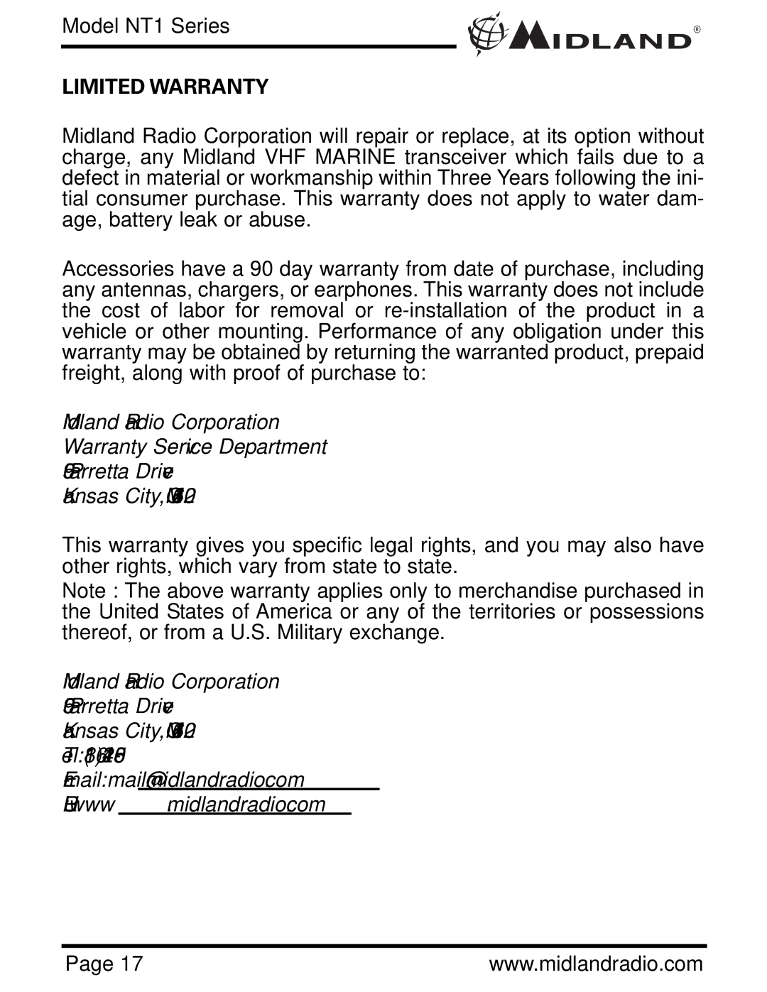 Midland Radio NT1 SERIES, NT1VP owner manual Limited Warranty 