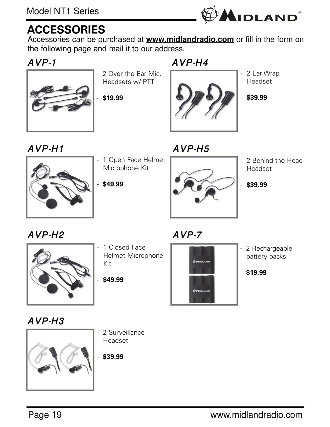 Midland Radio NT1 SERIES, NT1VP owner manual Accessories, AVP-H2AVP-7 