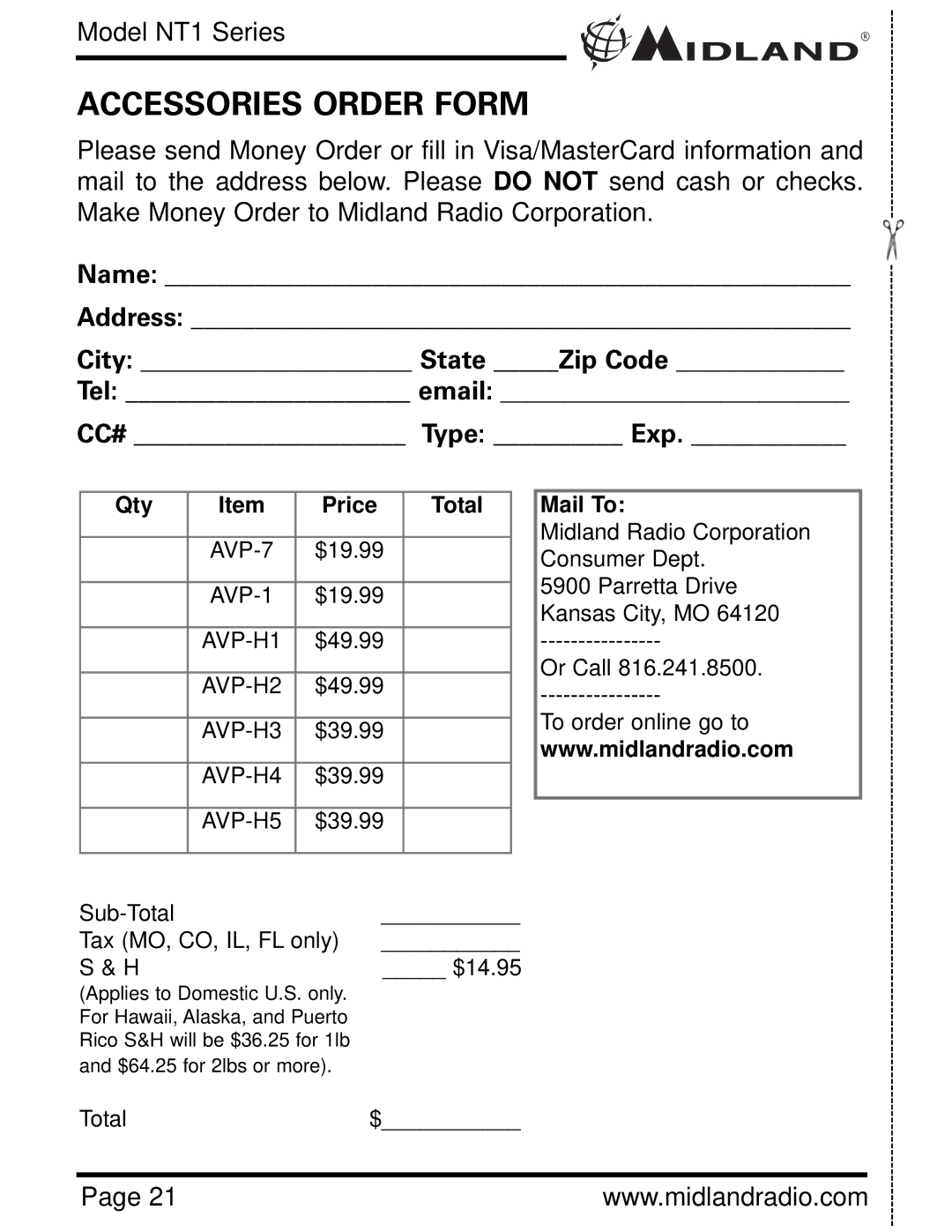 Midland Radio NT1 SERIES, NT1VP owner manual Accessories Order Form, Name Address City State Zip Code Tel email 