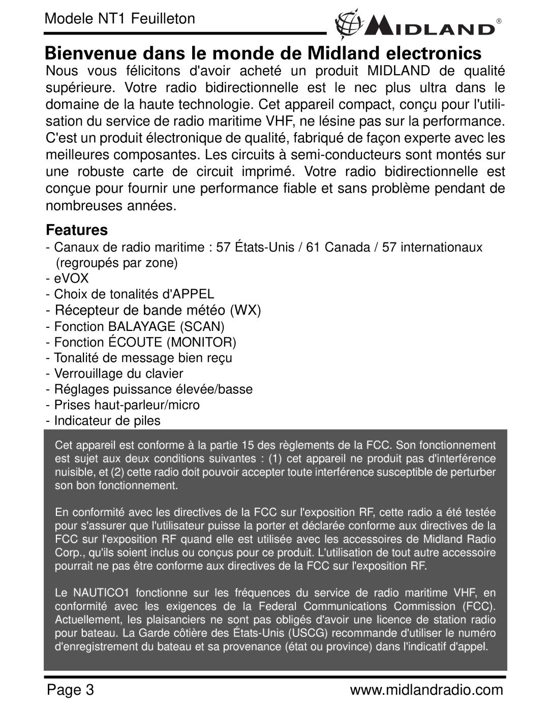 Midland Radio NT1 SERIES, NT1VP owner manual Bienvenue dans le monde de Midland electronics 