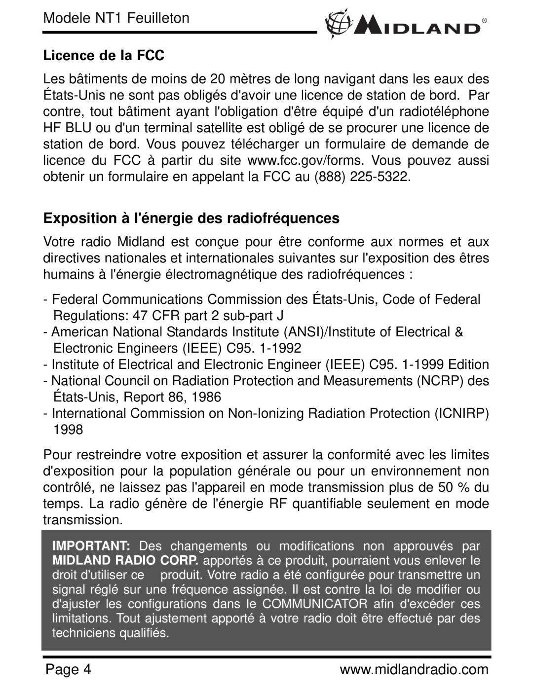 Midland Radio NT1VP, NT1 SERIES owner manual Licence de la FCC Exposition à lénergie des radiofréquences 