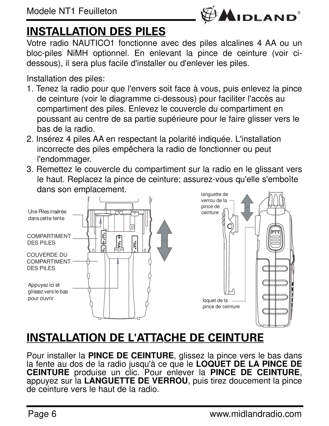 Midland Radio NT1VP, NT1 SERIES owner manual Installation DES Piles, Installation DE Lattache DE Ceinture 