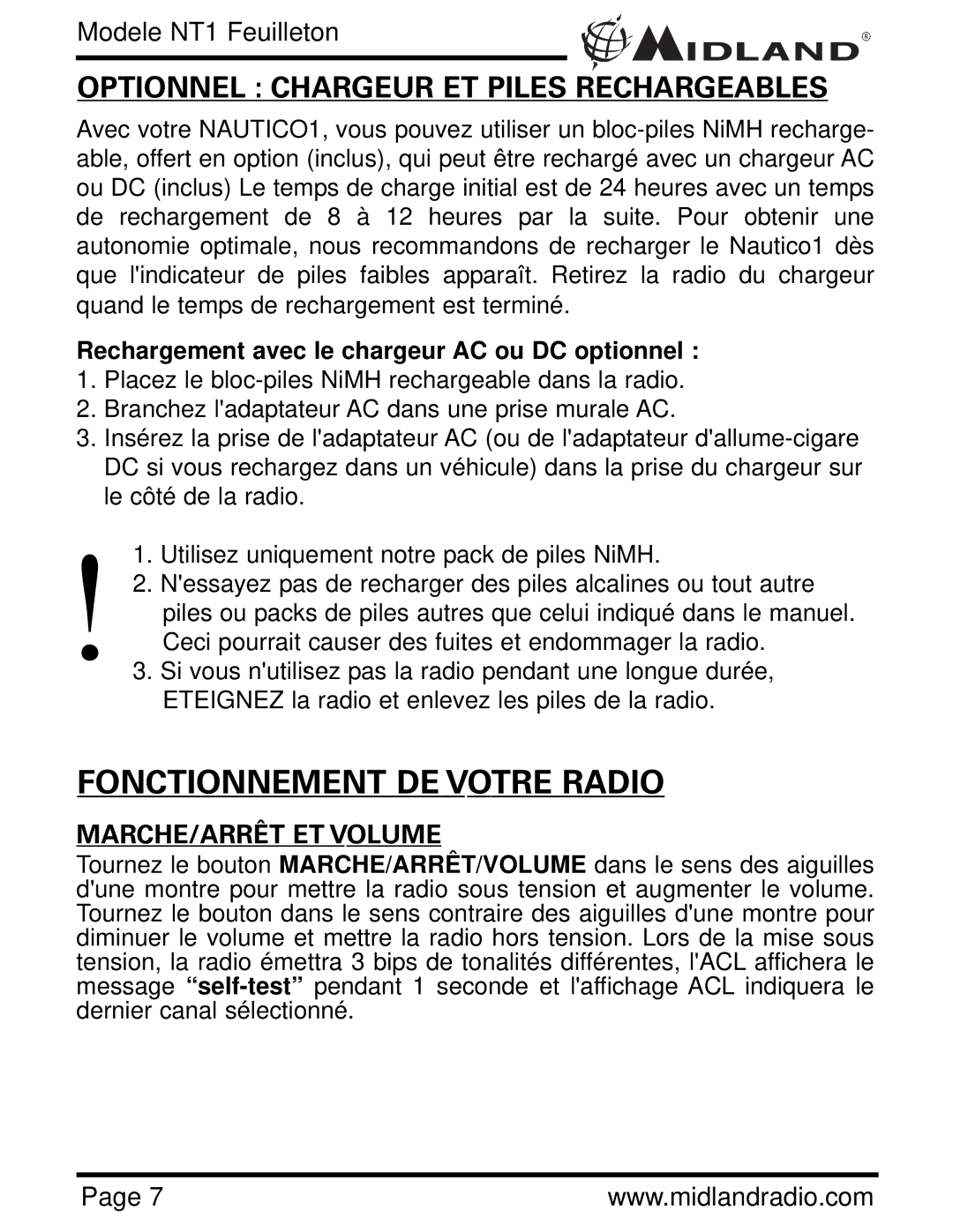 Midland Radio NT1 SERIES, NT1VP owner manual Fonctionnement DE Votre Radio, MARCHE/ARRÊT ET Volume 