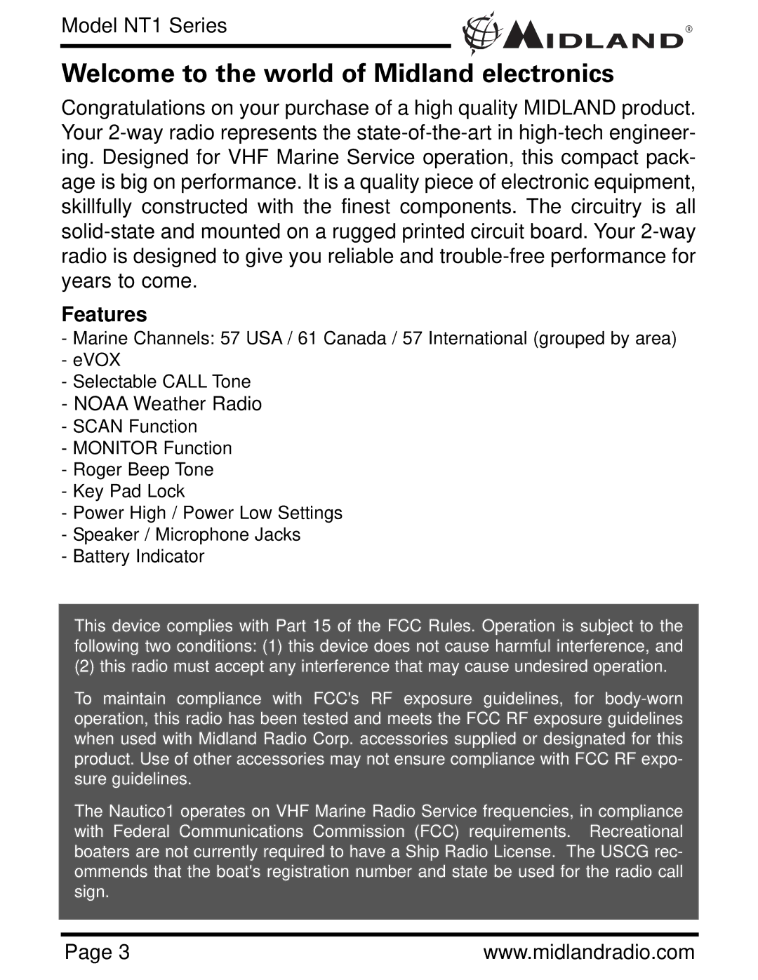 Midland Radio NT1 SERIES, NT1VP owner manual Welcome to the world of Midland electronics, Features 