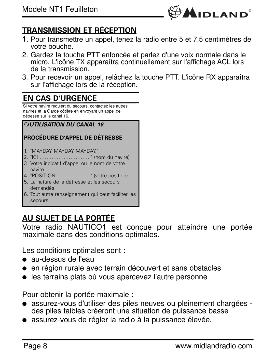 Midland Radio NT1VP, NT1 SERIES owner manual Transmission ET Réception, EN CAS Durgence, AU Sujet DE LA Portée 