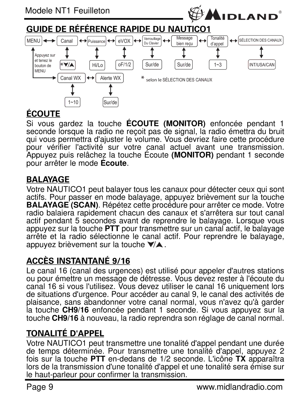 Midland Radio NT1 SERIES, NT1VP owner manual Écoute, Balayage, Accès Instantané 9/16, Tonalité Dappel 