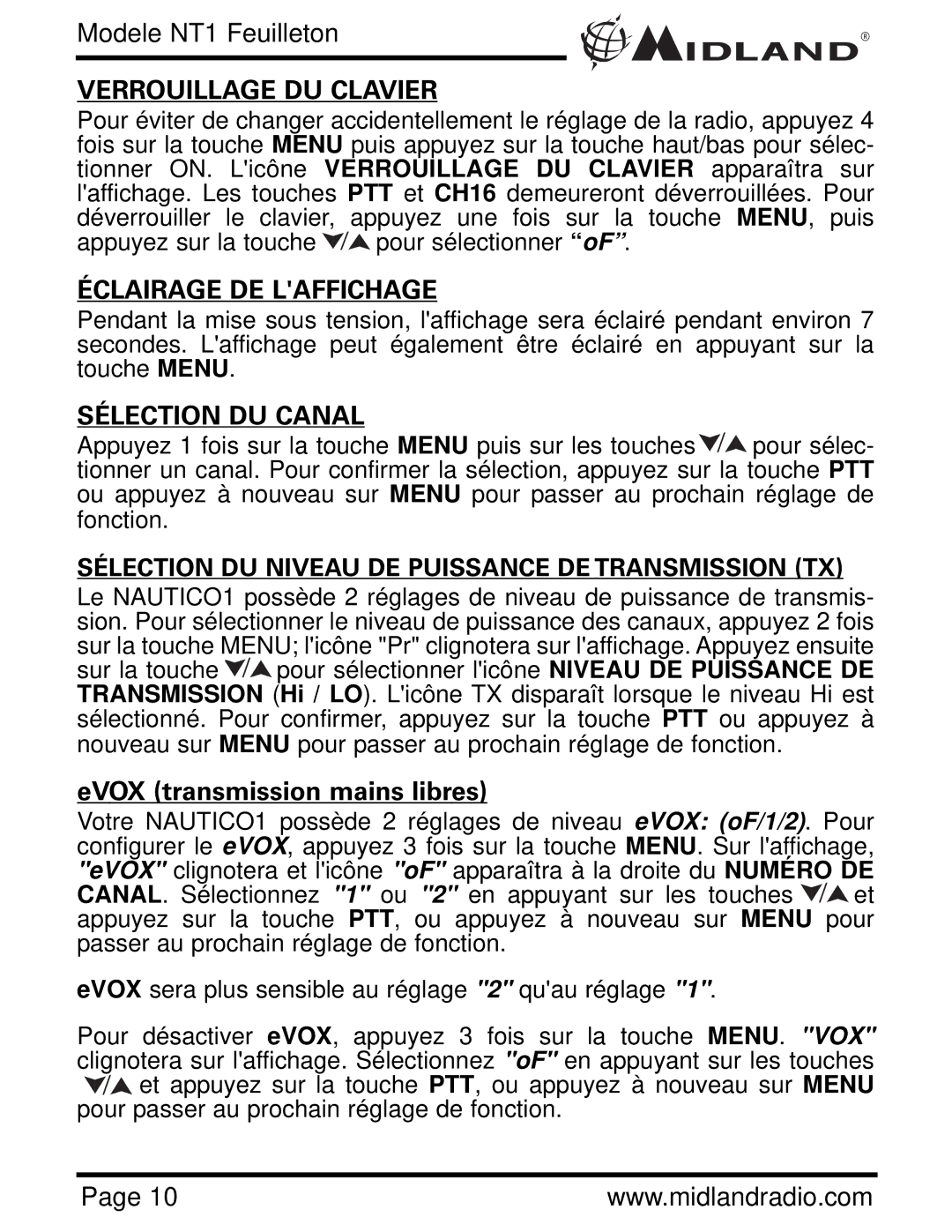 Midland Radio NT1VP Verrouillage DU Clavier, Éclairage DE Laffichage, Sélection DU Canal, EVOX transmission mains libres 