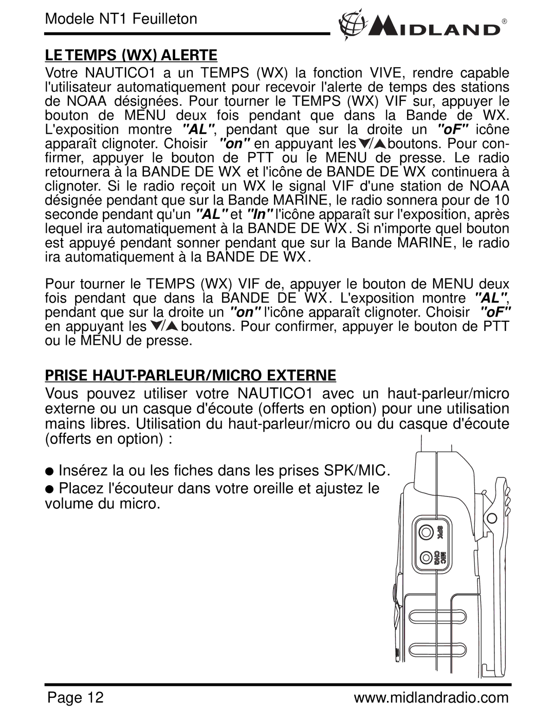 Midland Radio NT1VP, NT1 SERIES owner manual LE Temps WX Alerte, Prise HAUT-PARLEUR/MICRO Externe 