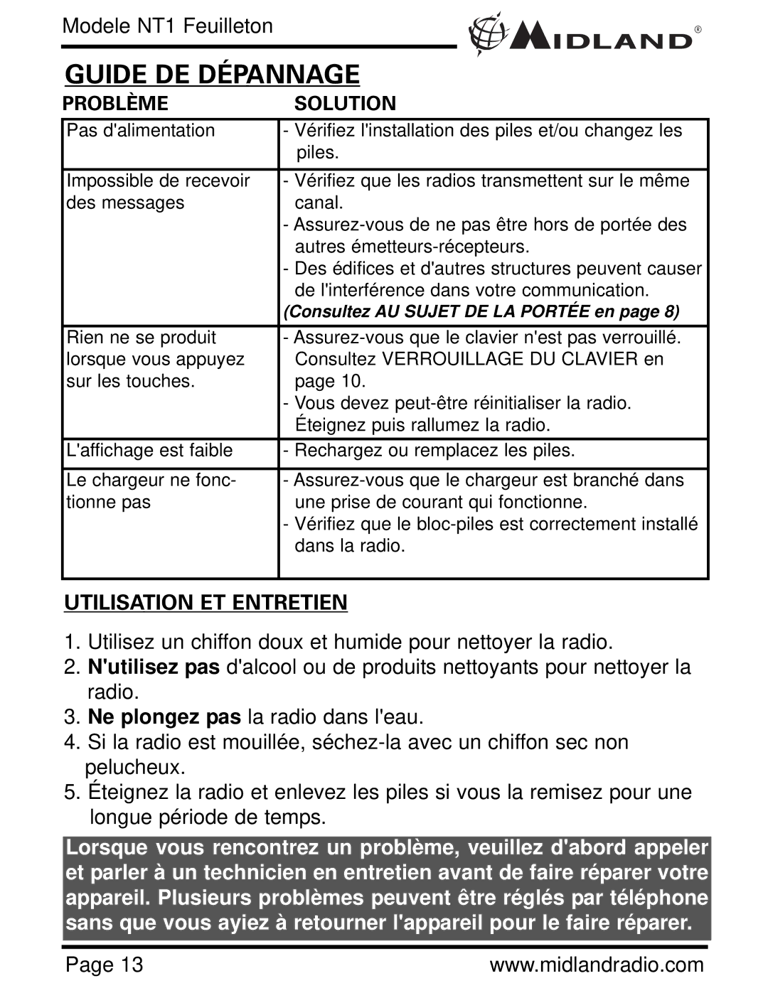 Midland Radio NT1 SERIES, NT1VP owner manual Guide DE Dépannage, Utilisation ET Entretien 