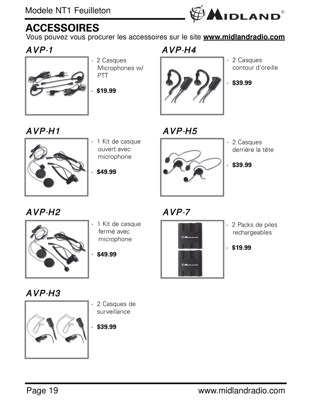 Midland Radio NT1 SERIES, NT1VP owner manual Accessoires 