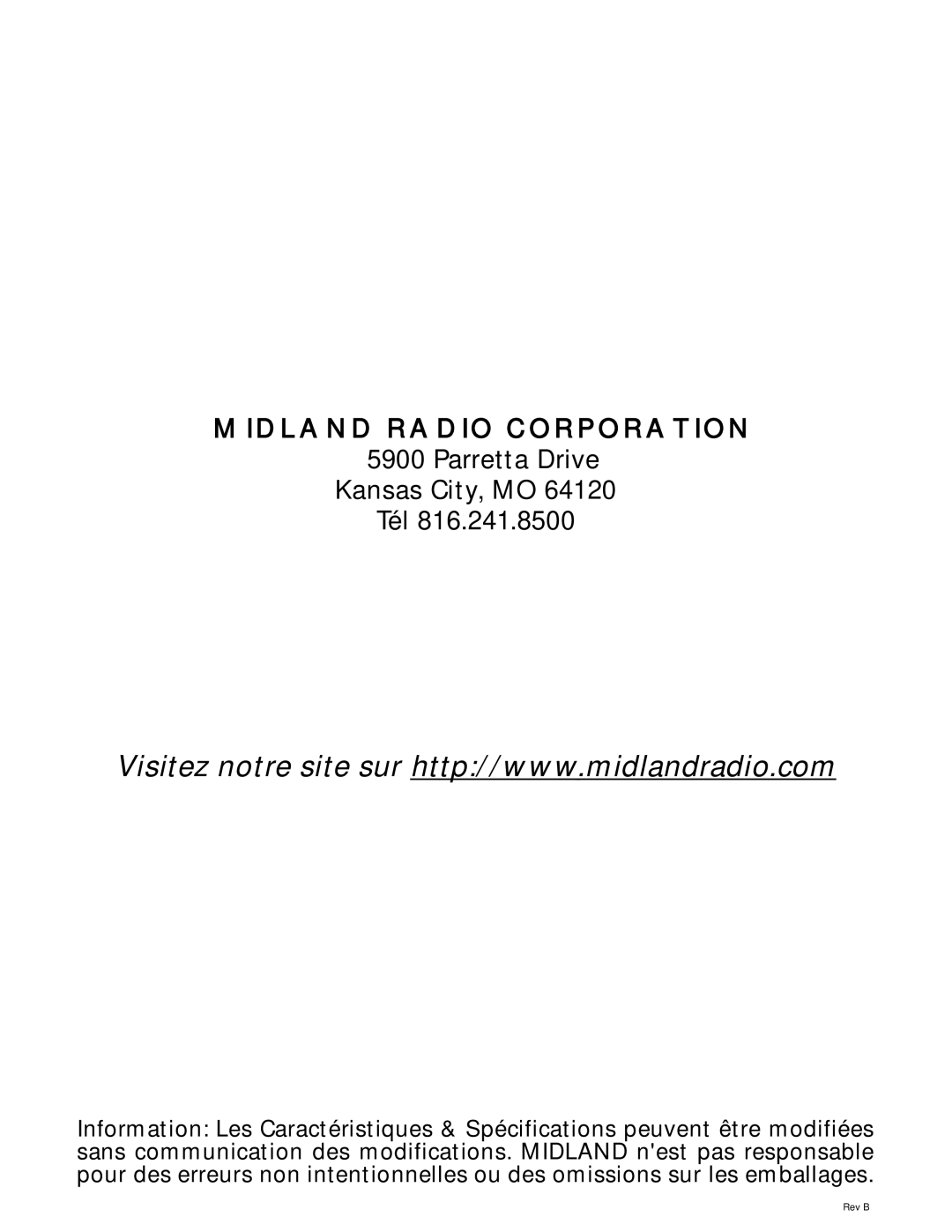 Midland Radio NT1VP, NT1 SERIES owner manual Midland Radio Corporation, Parretta Drive Kansas City, MO Tél 