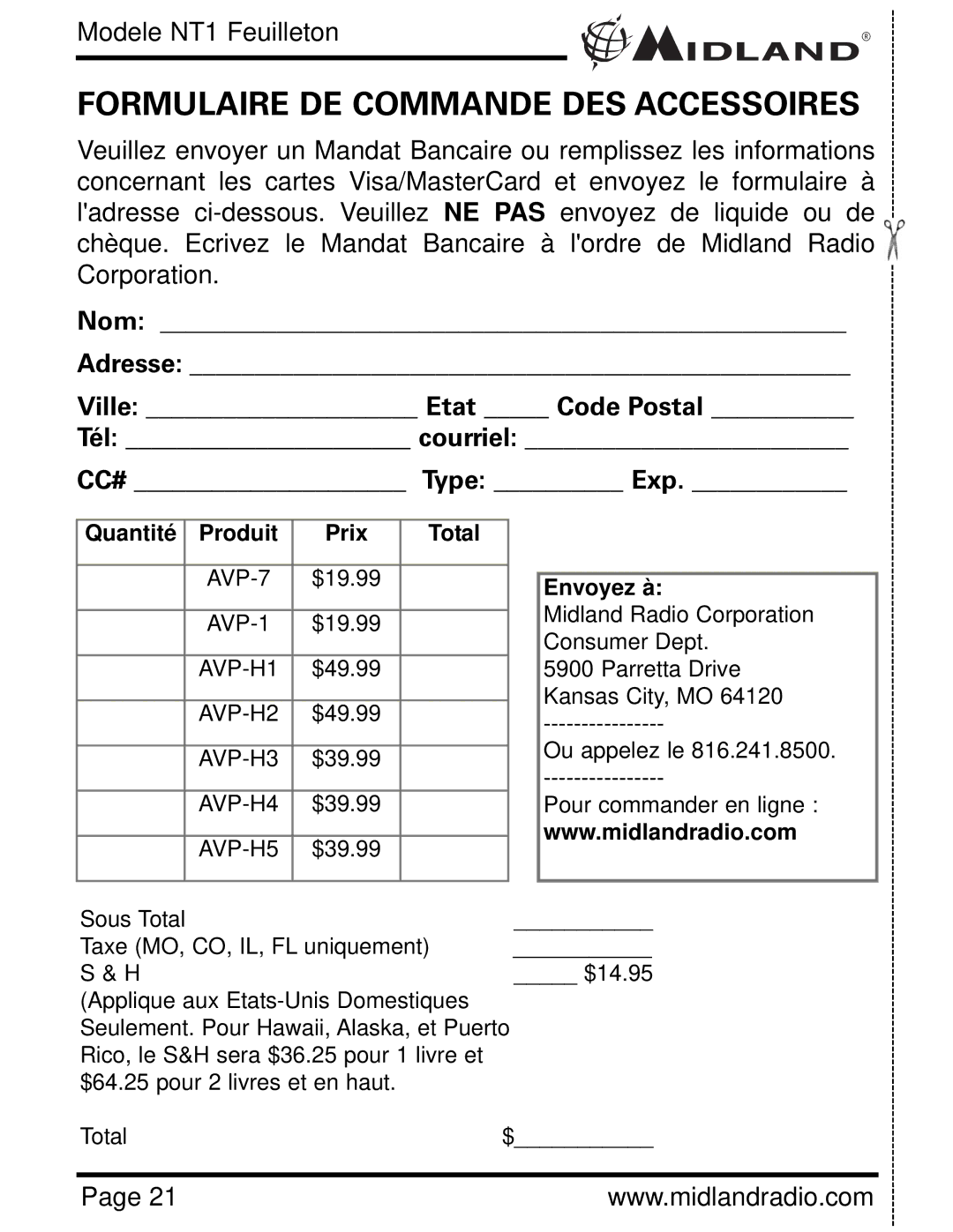 Midland Radio NT1 SERIES, NT1VP Formulaire DE Commande DES Accessoires, Nom Adresse Ville Etat Code Postal Tél courriel 