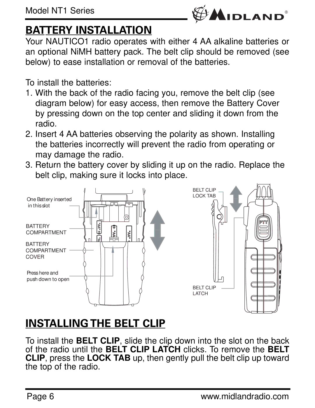 Midland Radio NT1VP, NT1 SERIES owner manual Battery Installation, Installing the Belt Clip 