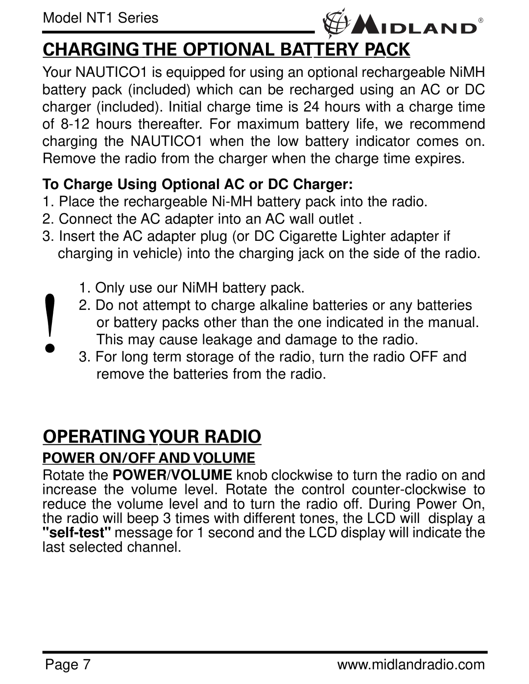 Midland Radio NT1 SERIES, NT1VP Charging the Optional Battery Pack, Operating Your Radio, Power ON/OFF and Volume 