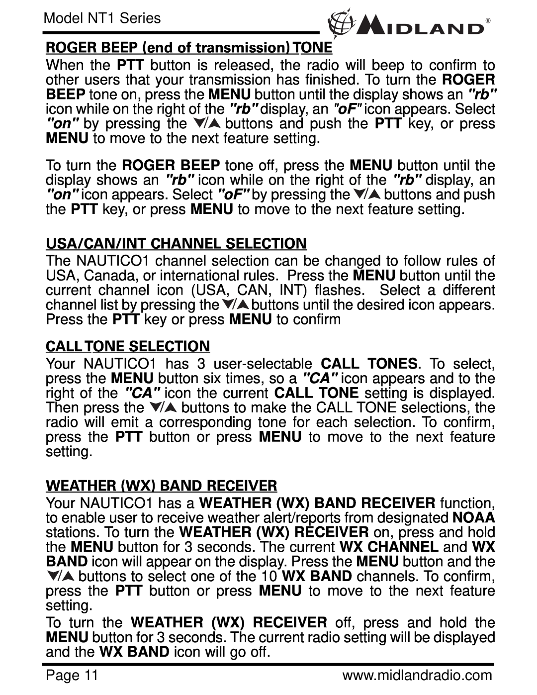 Midland Radio NT1 SERIES, NT1VP ROGER BEEP end of transmission TONE, Usa/Can/Int Channel Selection, Call Tone Selection 