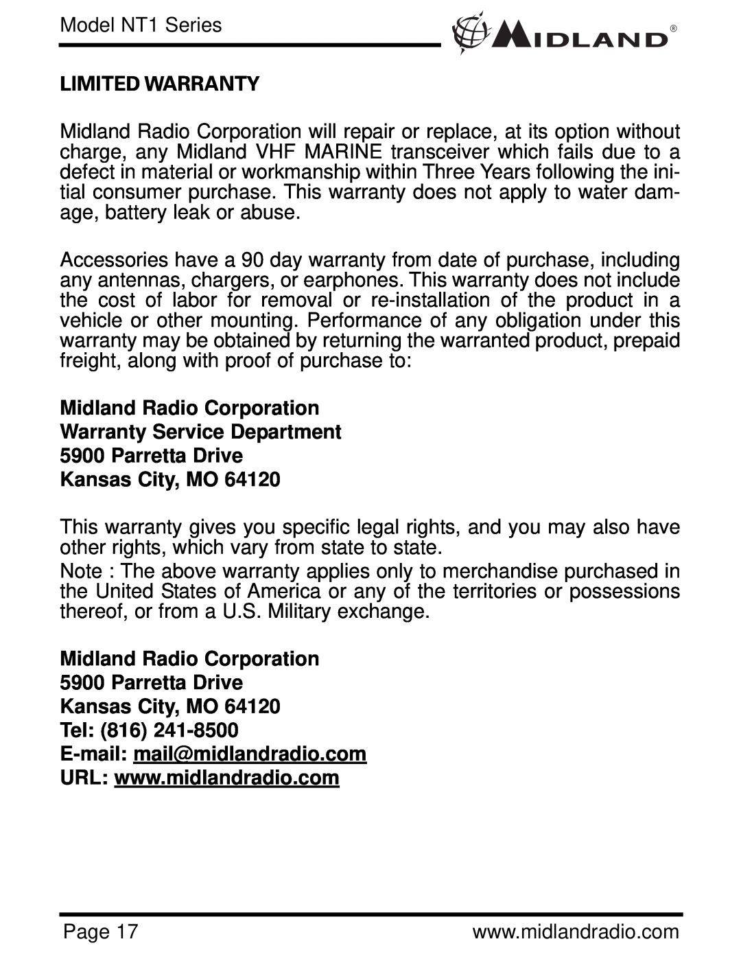 Midland Radio NT1 SERIES, NT1VP Limited Warranty, Midland Radio Corporation Warranty Service Department, Model NT1 Series 