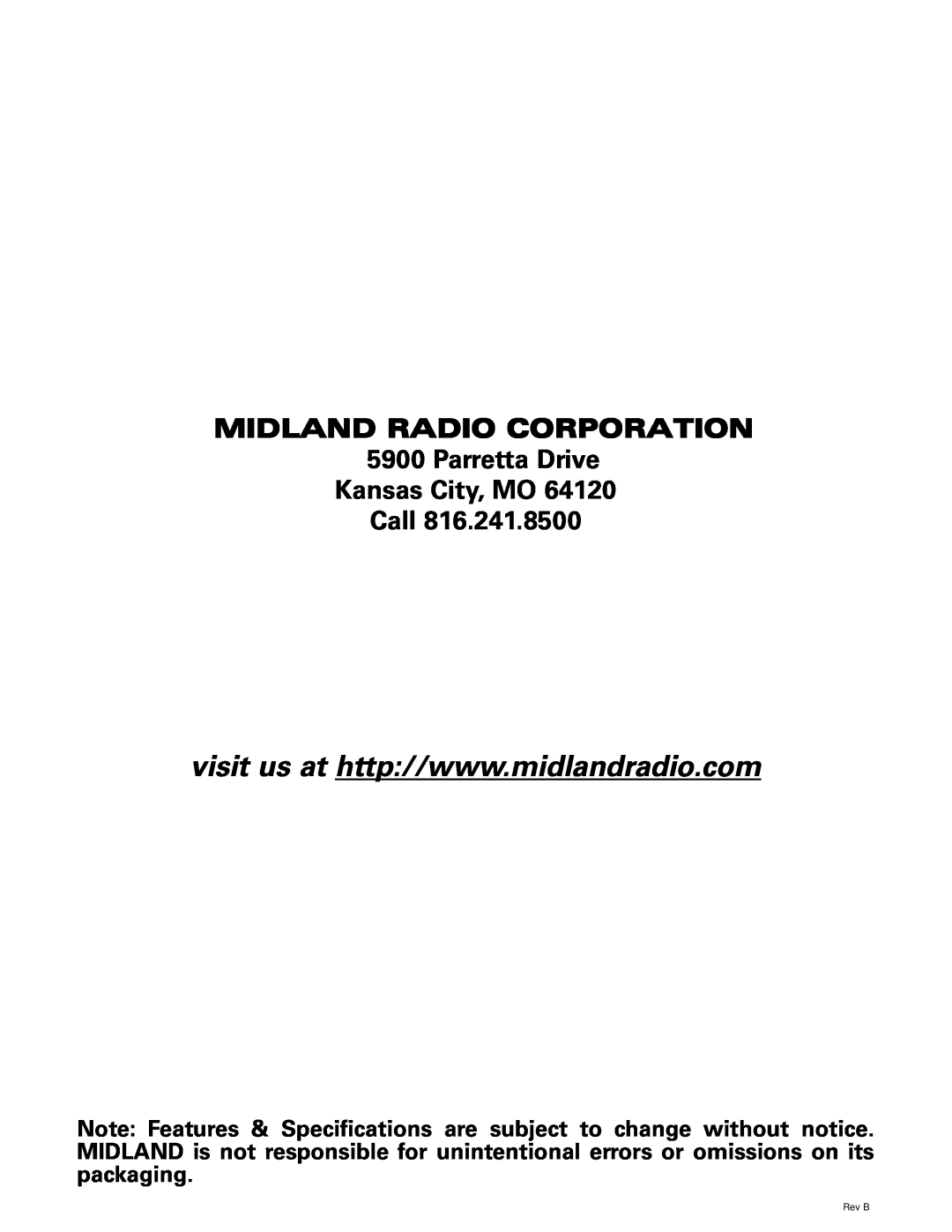 Midland Radio NT1VP, NT1 SERIES owner manual MIDLAND RADIO CORPORATION 5900 Parretta Drive Kansas City, MO Call, Rev B 