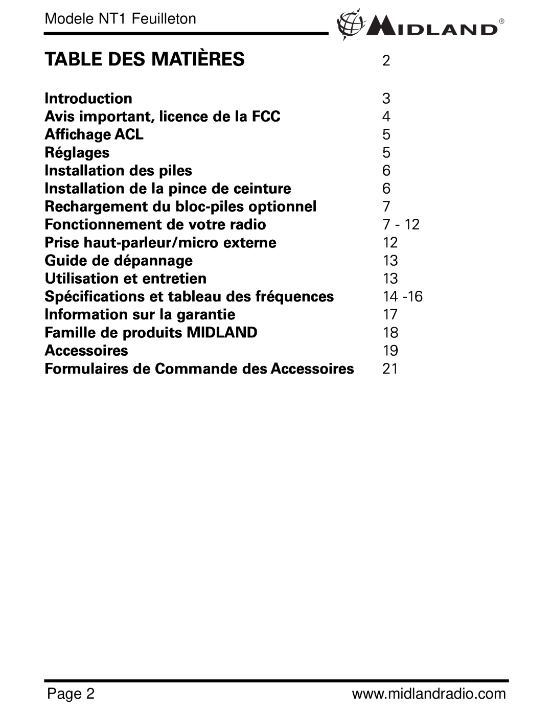 Midland Radio NT1VP Table Des Matières, Modele NT1 Feuilleton, Avis important, licence de la FCC, Affichage ACL, Réglages 